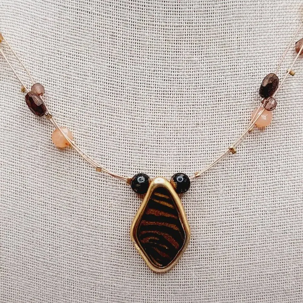 Vintage Chico's Animal Print Pendant Beaded Wire Necklace, 20 Inches